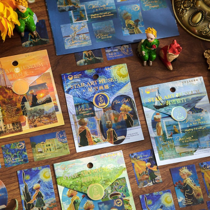 StationeryHaul The Little Prince Star Art Museum sticker collection featuring Van Gogh's Starry Night and The Sower with gold foil accents.