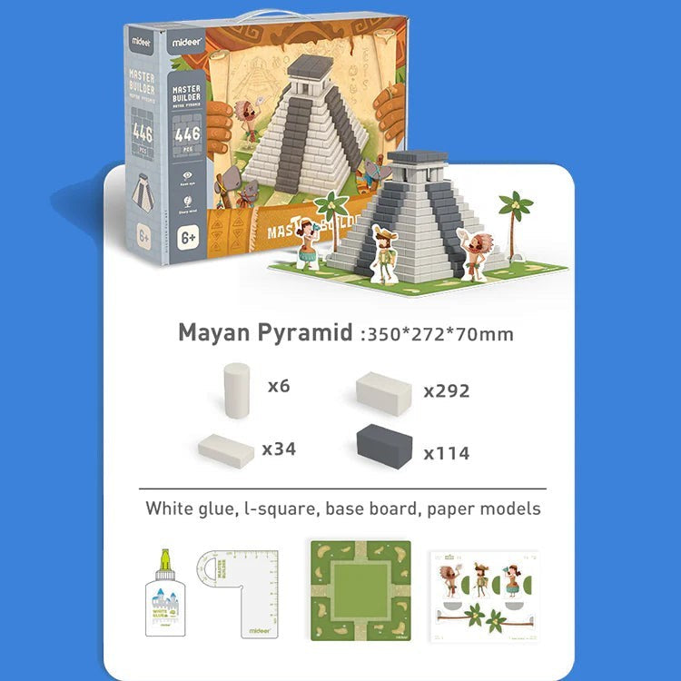 StationeryHaul Mideer Master Builder Mayan Pyramid building toy with grey and white blocks, figures, and accessories. For ages 6+.
