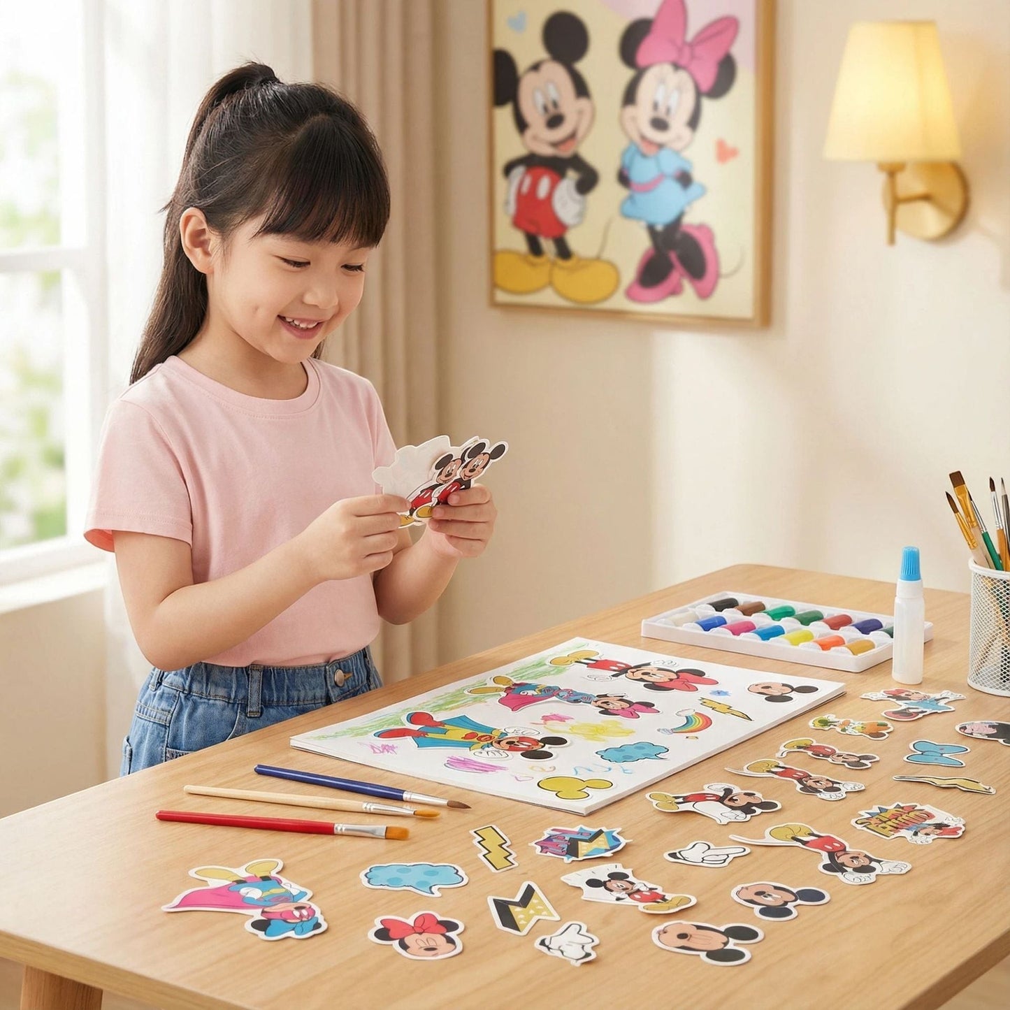StationeryHaul Mickey Mouse and Friends sticker pack for kids, featuring characters in superhero outfits. A young girl is holding stickers.