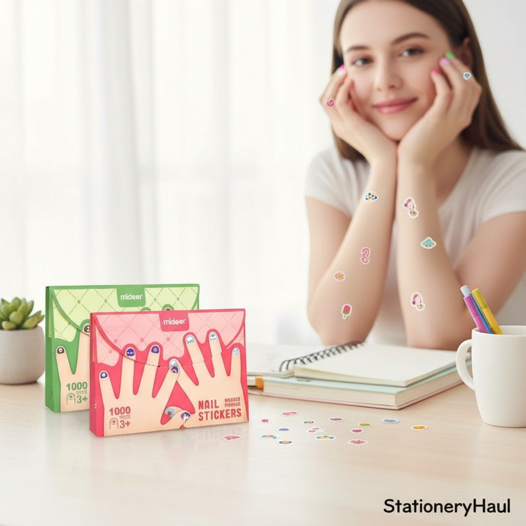 StationeryHaul Mideer nail stickers, 1000 pieces, featuring whimsical designs like unicorns, clouds, and ice cream. A young woman shows off stickers on her nails and arms.