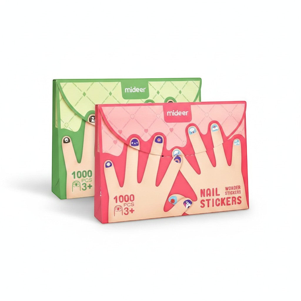 StationeryHaul Mideer Nail Stickers Fashion Whims 1000 pcs for ages 3+. Pink and green packs with playful designs.