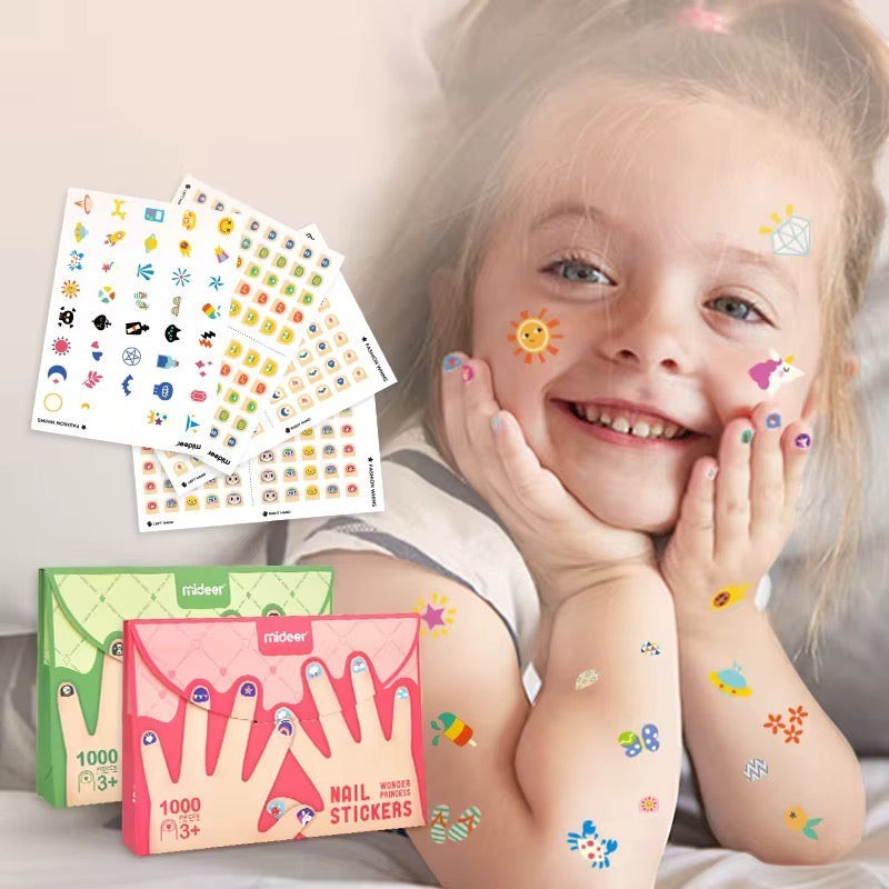 StationeryHaul Mideer Nail Stickers Fashion Whims, 1000 pieces, featuring colorful designs like suns, unicorns, and rockets for kids.