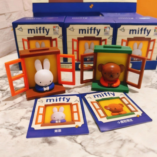 StationeryHaul Miffy blind box collectible figures, featuring Miffy and a bear character in window scenes. Made of plastic.
