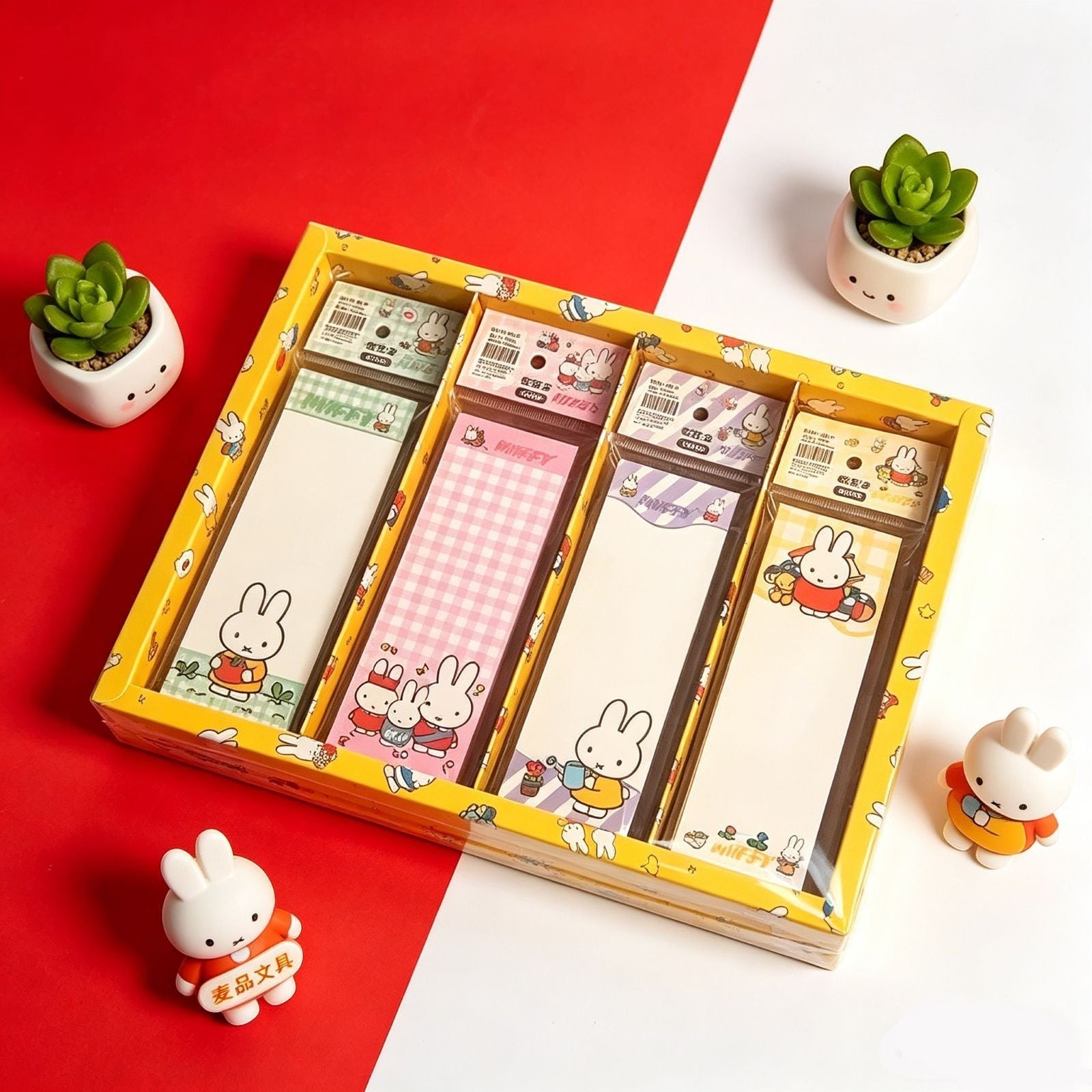 StationeryHaul Miffy long memo note book set with four colorful patterned stationery pads in a yellow gift box