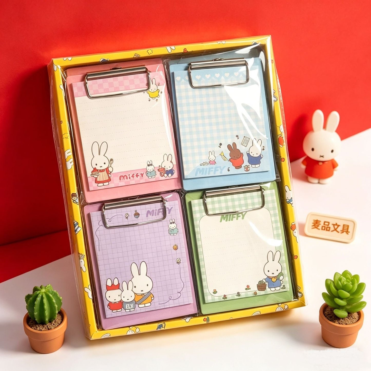 StationeryHaul Miffy memo pad set featuring four colorful clipboards with cute rabbit illustrations and grid paper