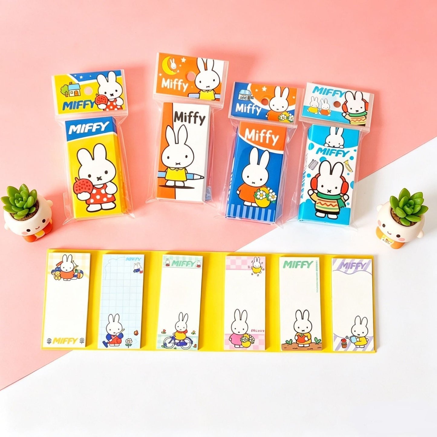StationeryHaul Miffy rabbit themed sticky note set featuring six colorful designs in a yellow organizer tray.