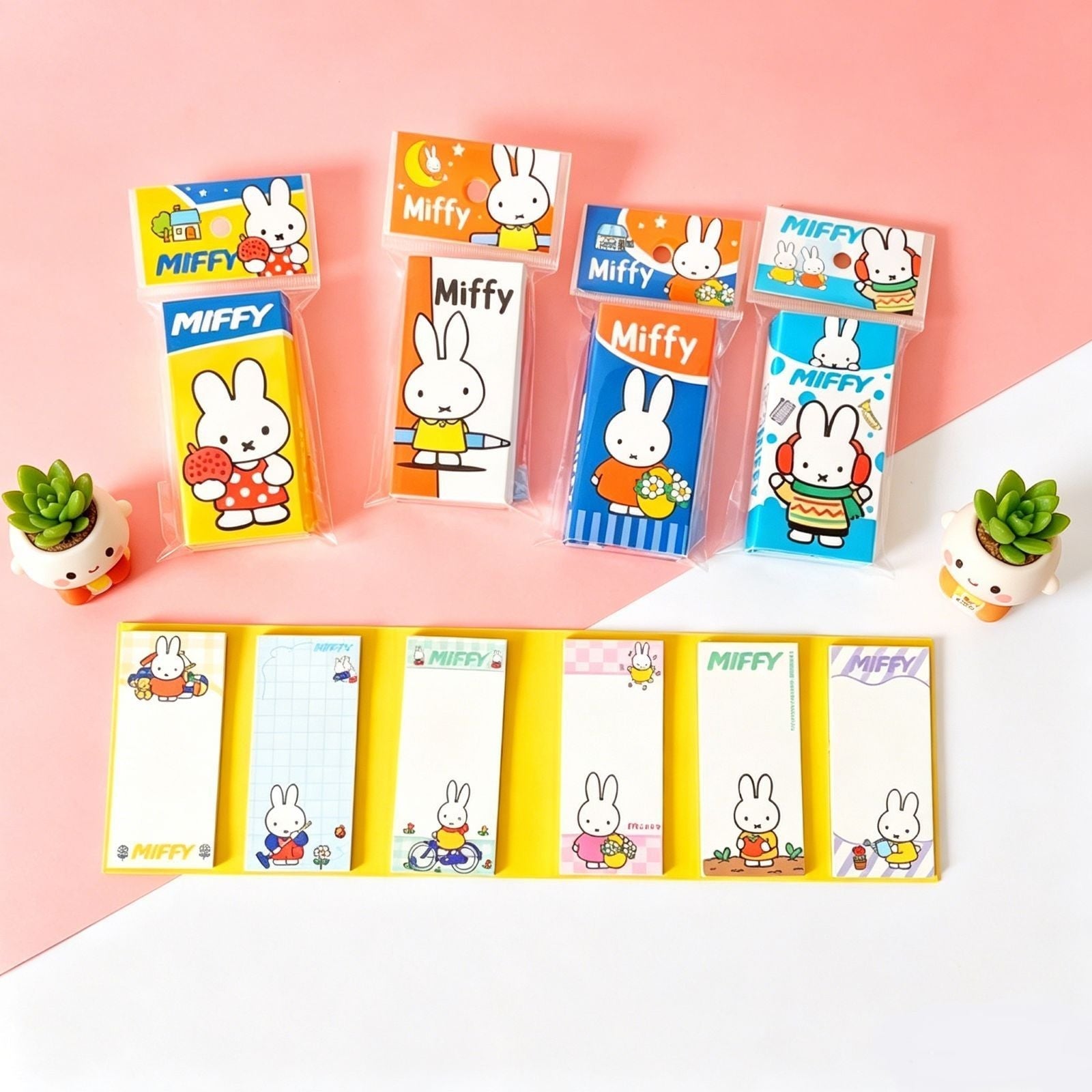 StationeryHaul Miffy rabbit themed sticky note set featuring six colorful designs in a yellow organizer tray.