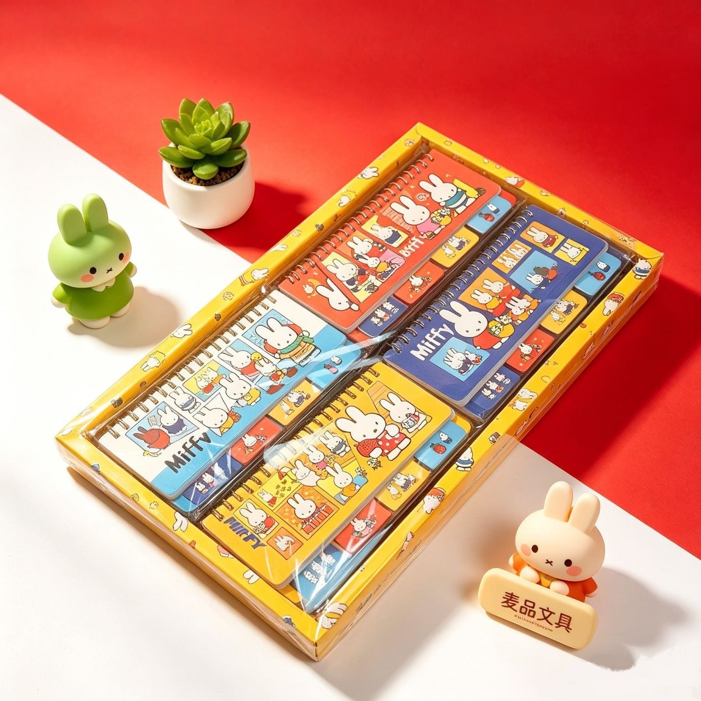 StationeryHaul Miffy rabbit themed spiral coil notebooks in a yellow gift box with cute character figurines
