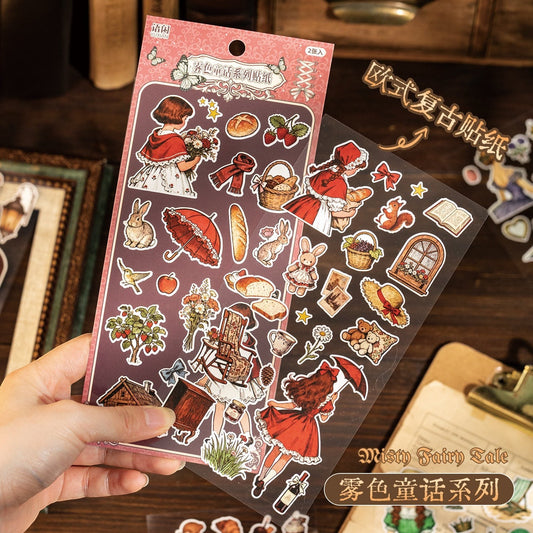 StationeryHaul Misty Fairy Tale sticker set with vintage storybook illustrations of girls, rabbits, bears, and woodland elements.