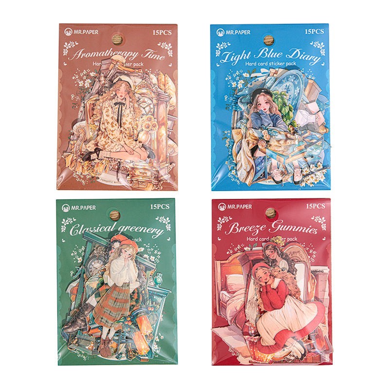MR. PAPER Hard Card Sticker Pack Collection featuring 4 designs: Aromatherapy Time, Light Blue Diary, Classical Greenery, and Breeze Gummies. Each pack has 15 vintage-style stickers.