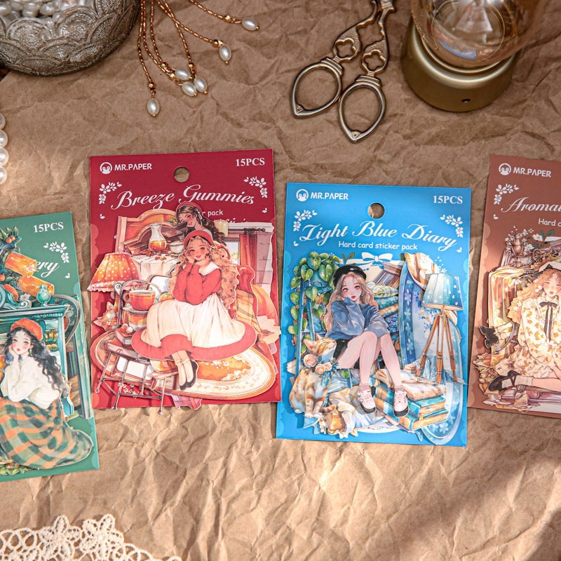 StationeryHaul MR. PAPER Hard Card Sticker Pack Collection featuring vintage-style illustrations of girls in cozy scenes. Includes Aromatherapy Time, Light Blue Diary, Classical Greenery, and Breeze Gummies.