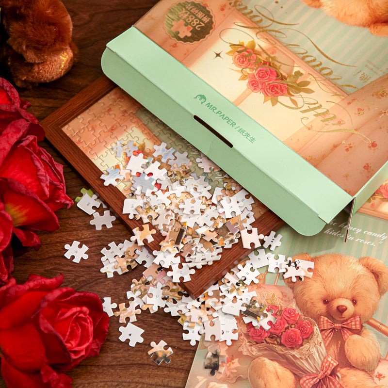 StationeryHaul Mr. Paper classical flower room puzzle with teddy bear and roses, 288 pieces, DIY desktop ornament.