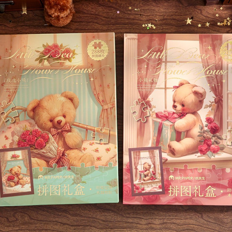 StationeryHaul Mr. Paper puzzle gift box featuring a teddy bear in a floral room setting. 288 pieces.
