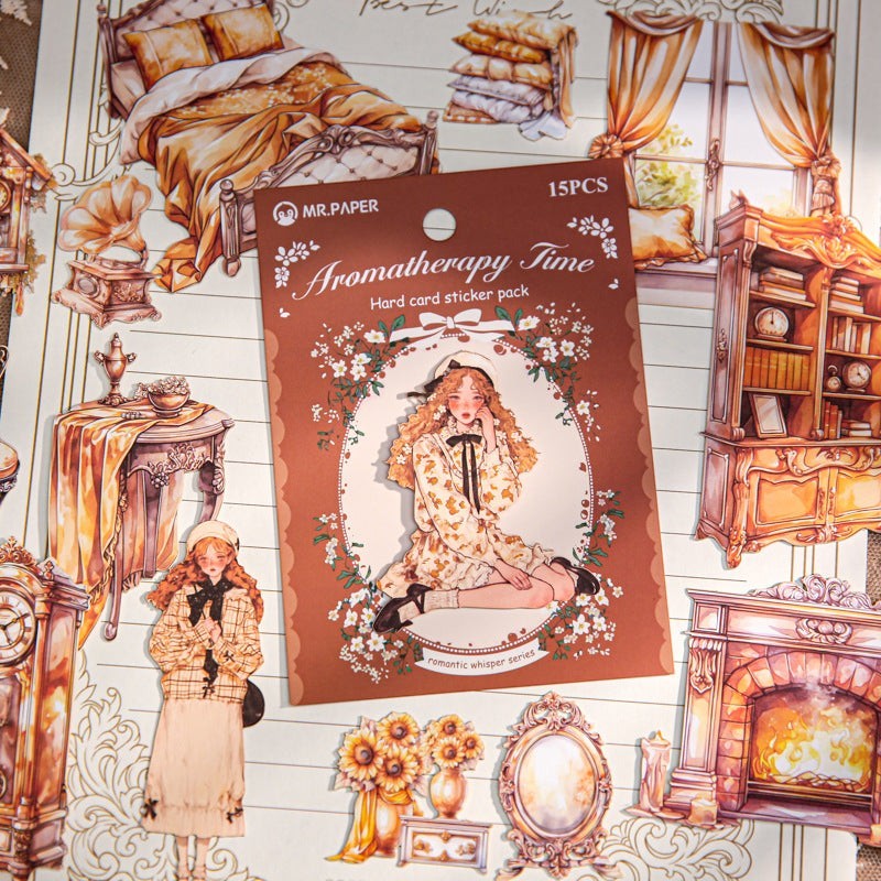 StationeryHaul MR. PAPER Aromatherapy Time hard card sticker pack featuring vintage illustrations of a woman, bedroom, and furniture.