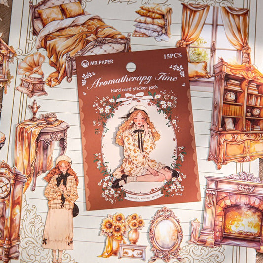 StationeryHaul MR. PAPER Aromatherapy Time hard card sticker pack featuring vintage illustrations of a woman, bedroom, and furniture.