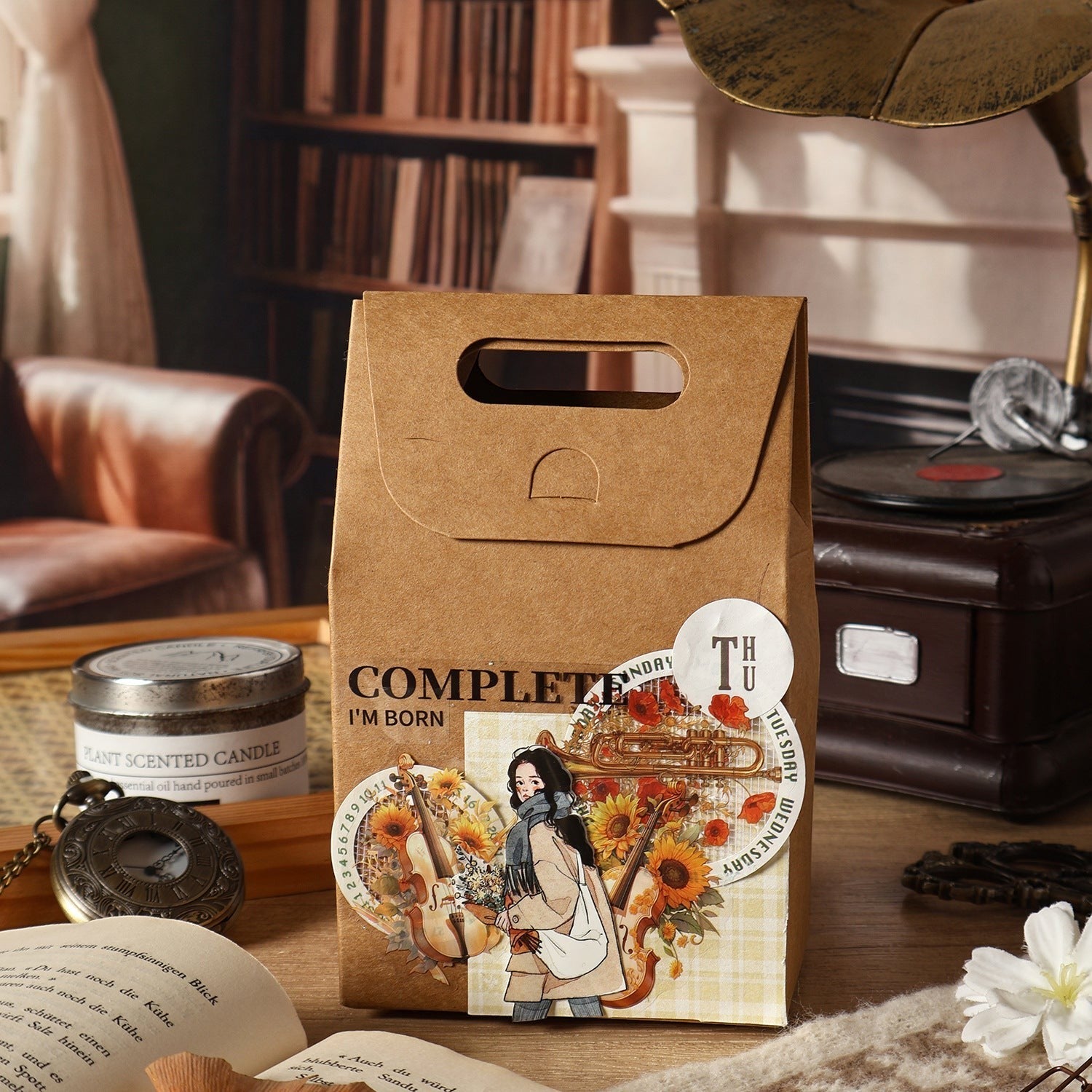 StationeryHaul Musical Instruments and Floral Decorative Sticker Set featuring violins, sunflowers, and a woman.