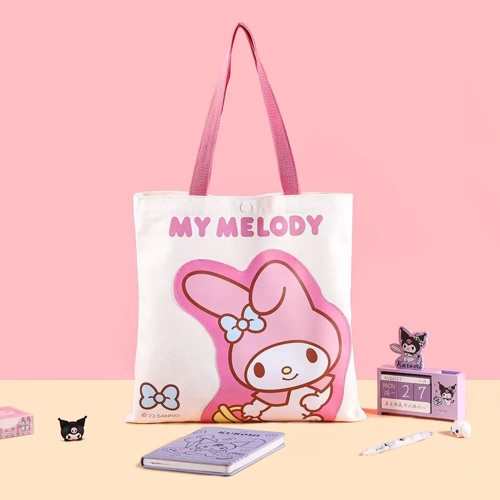 StationeryHaul white canvas tote bag with pink straps featuring My Melody character graphic and text.