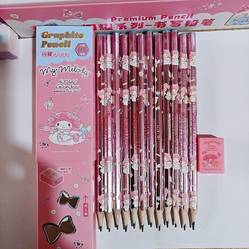 StationeryHaul My Melody HB graphite pencils with pearlescent pink finish and matching eraser in gift box