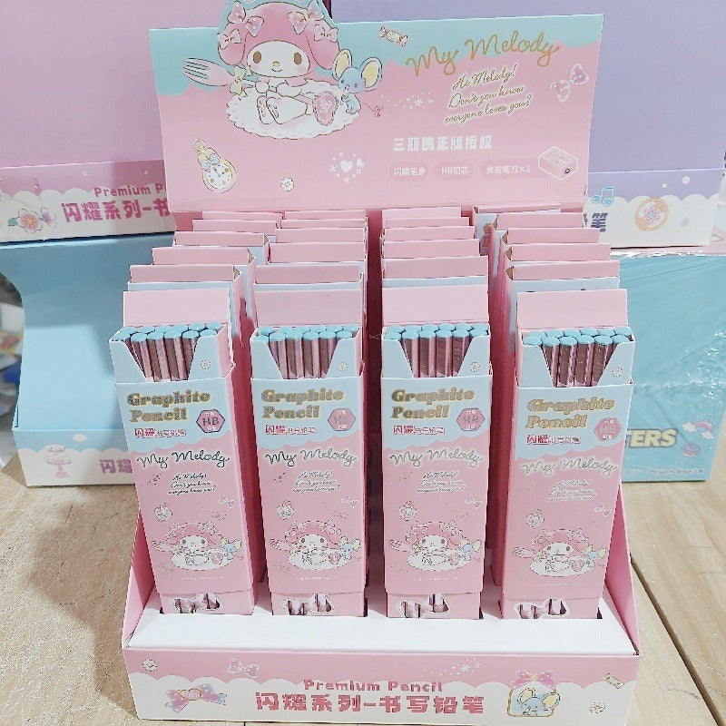 StationeryHaul My Melody pearlescent HB graphite pencils in pink display box for children
