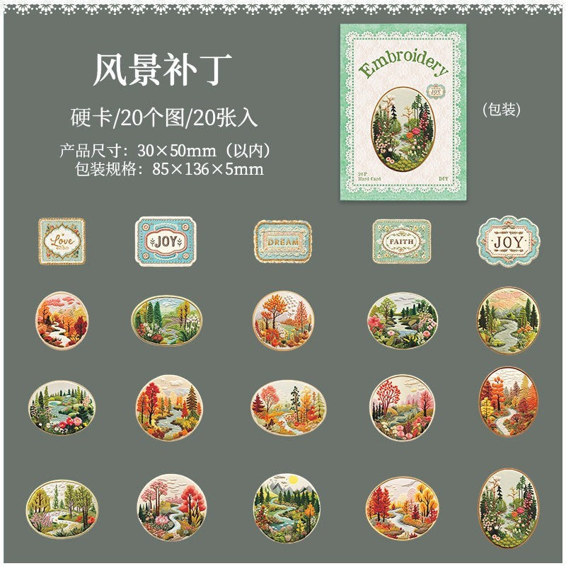 StationeryHaul nature-inspired decorative stickers featuring oval landscape scenes with autumn trees, rivers, and mountains, plus word embellishments like Love, Joy, Dream, Faith.