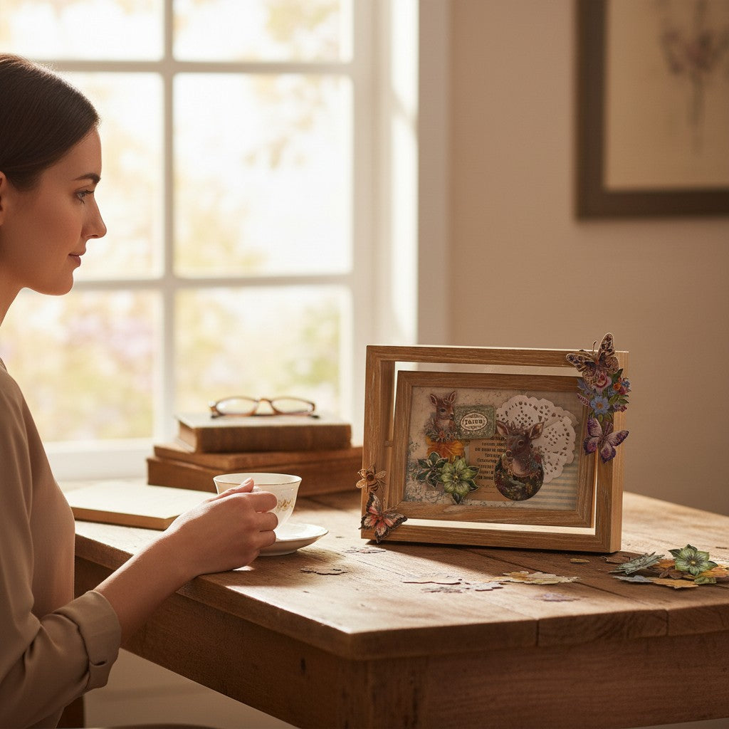 StationeryHaul nature-inspired decorative stickers featuring deer, butterflies, flowers, and a bee on a wooden frame.