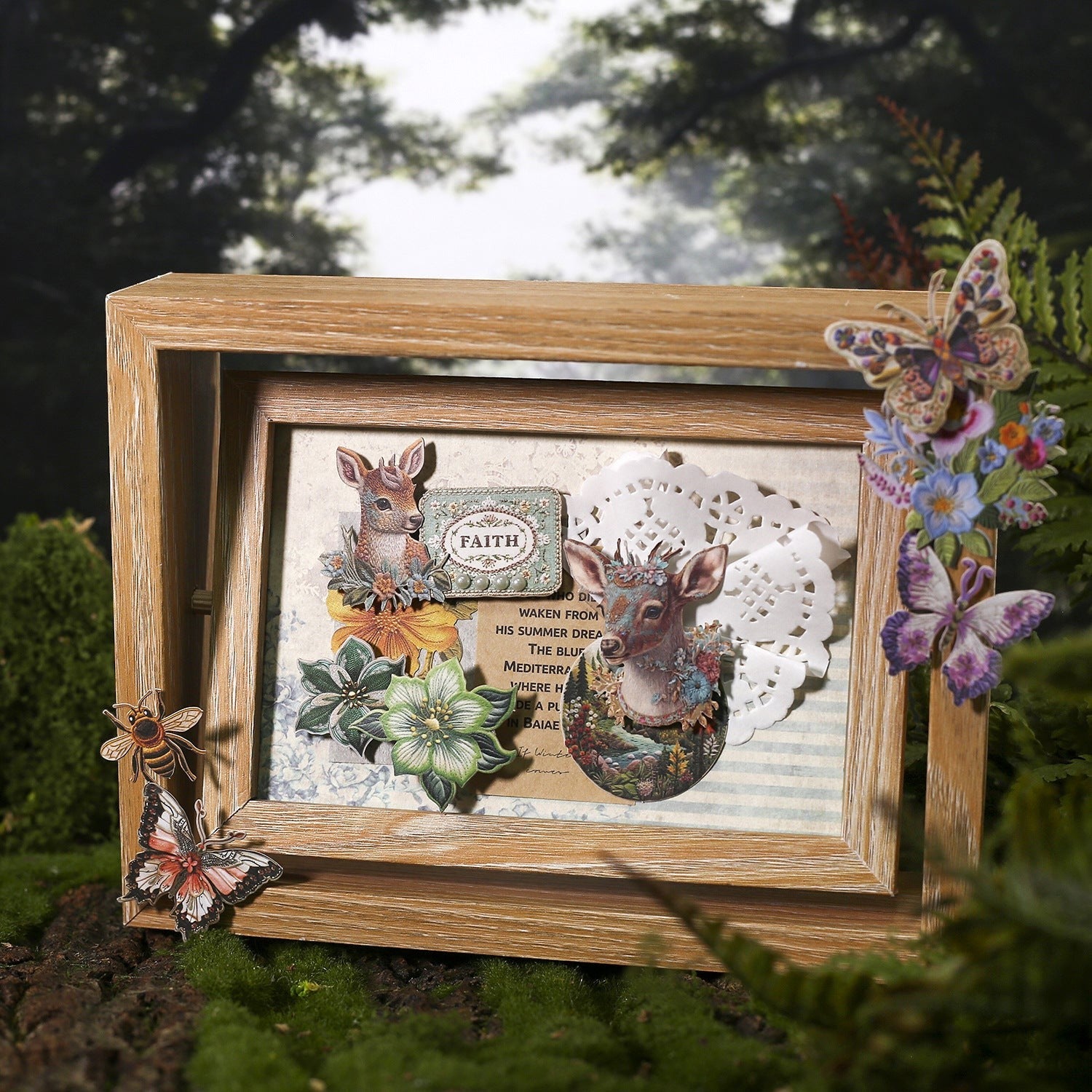 StationeryHaul nature-inspired decorative stickers featuring deer, butterflies, flowers, and a bee on a wooden frame.