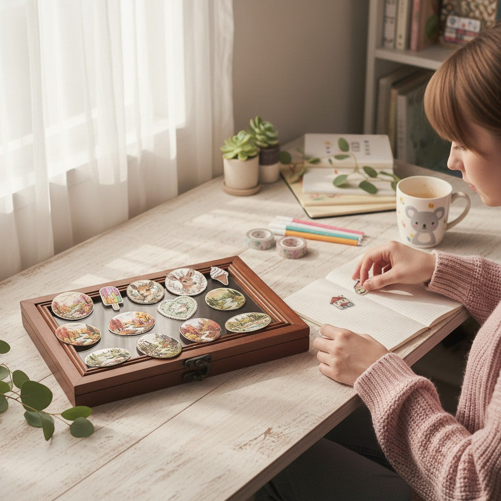 StationeryHaul nature-inspired decorative stickers featuring woodland scenes, deer, and flora in a wooden display case.