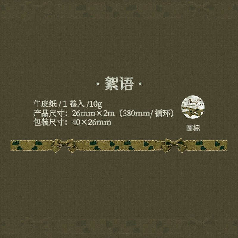 StationeryHaul decorative craft ribbon in olive green with dark green leaf patterns, scalloped edges, and small bows.