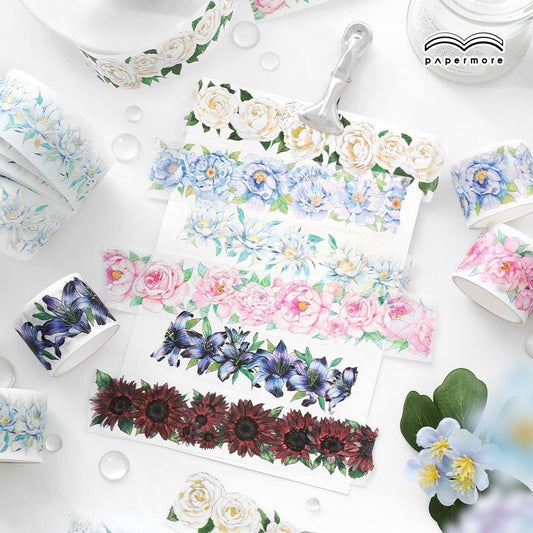 StationeryHaul PaperMore Four Seasons floral washi tape rolls featuring watercolor flower designs for scrapbooking