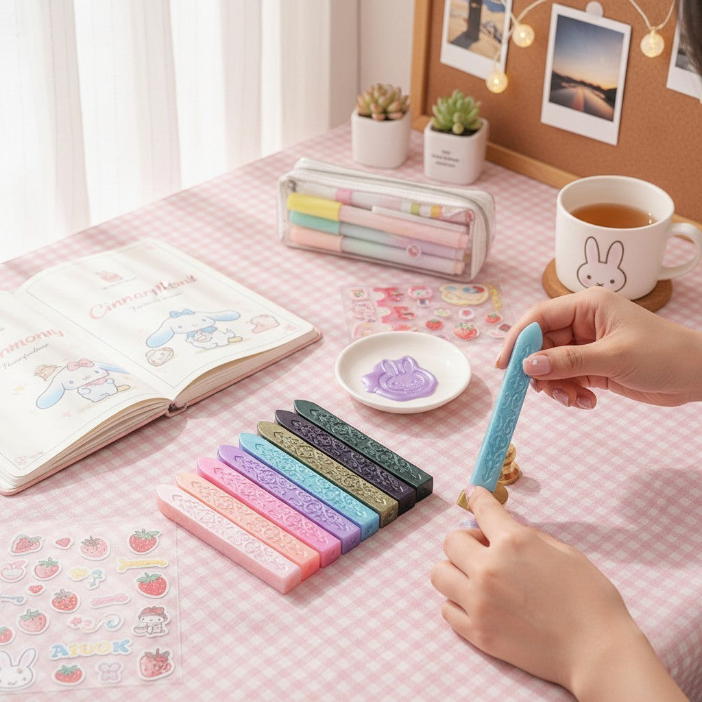 StationeryHaul pastel sealing wax sticks in pink, peach, lavender, blue, mint, olive, and dark grey, with intricate embossed patterns.