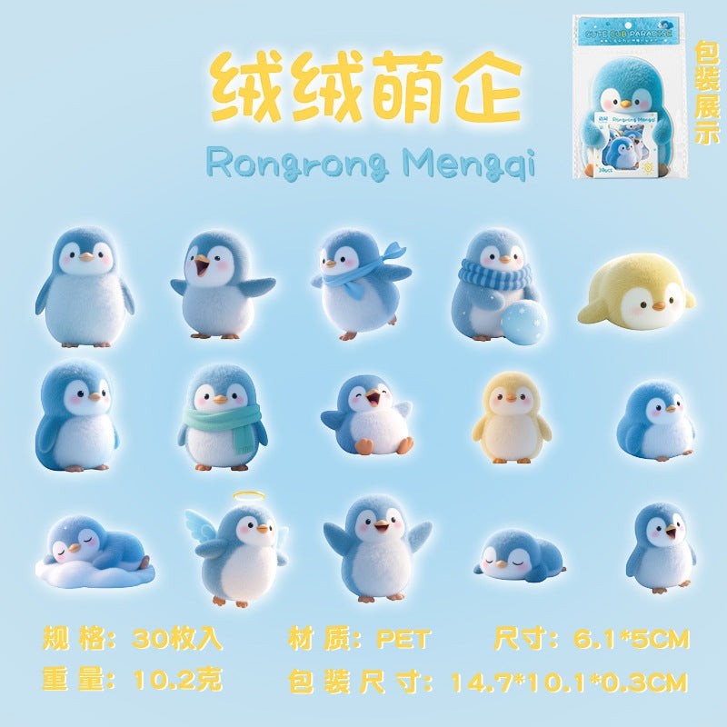 StationeryHaul cute penguin stickers with plush texture, featuring various poses and accessories like scarves and halos. Includes a yellow chick-like penguin.