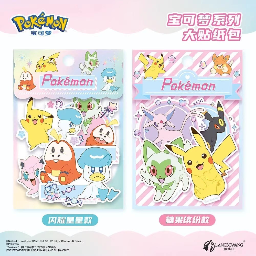 StationeryHaul Pokemon sticker packs featuring Pikachu, Sprigatito, Fuecoco, Quaxly, and Jigglypuff. Includes Espeon and Umbreon.