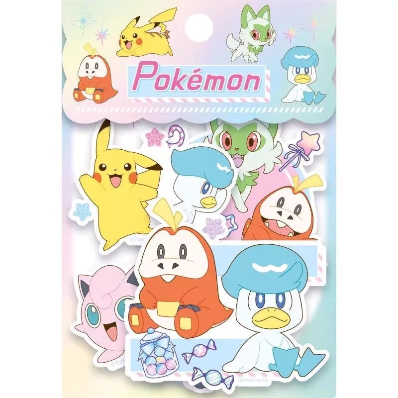 StationeryHaul Pokemon themed sticker pack featuring Pikachu, Sprigatito, Fuecoco, Quaxly, and Jigglypuff in vibrant, playful designs.