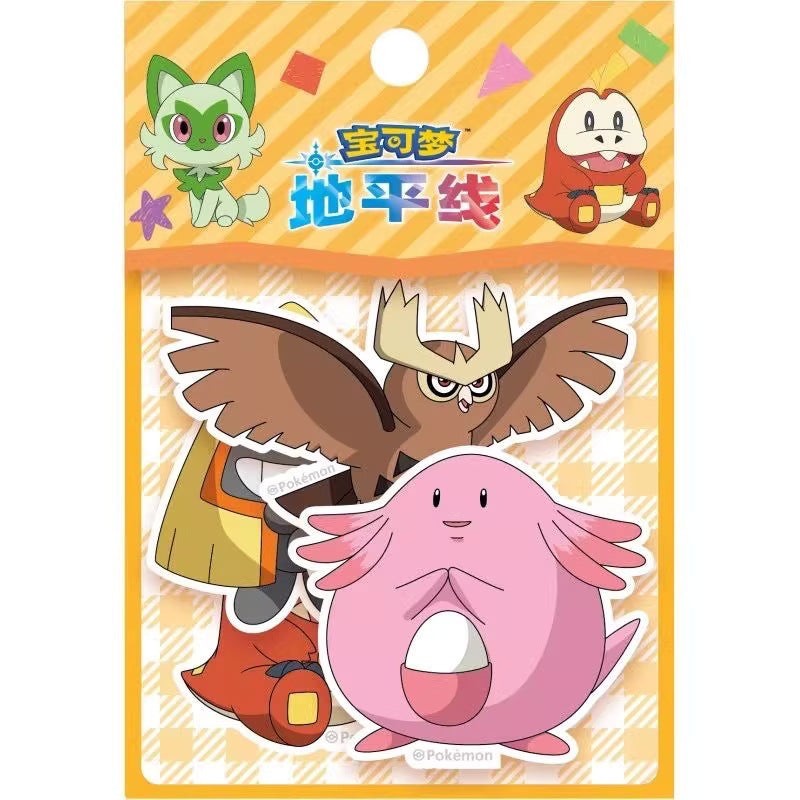 StationeryHaul Pokemon sticker pack featuring Sprigatito, Fuecoco, Noctowl, Chansey, and Rowlet. Vibrant designs on a yellow checkered background.