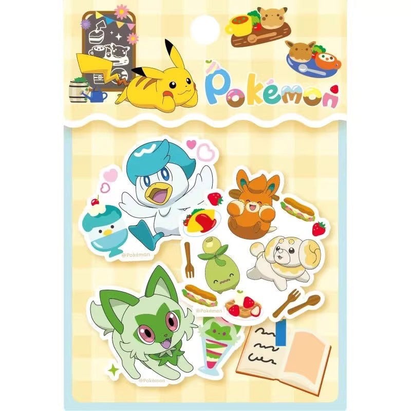 StationeryHaul Pokemon themed sticker pack featuring Pikachu, Sprigatito, Fuecoco, Quaxly, and other characters with food items.