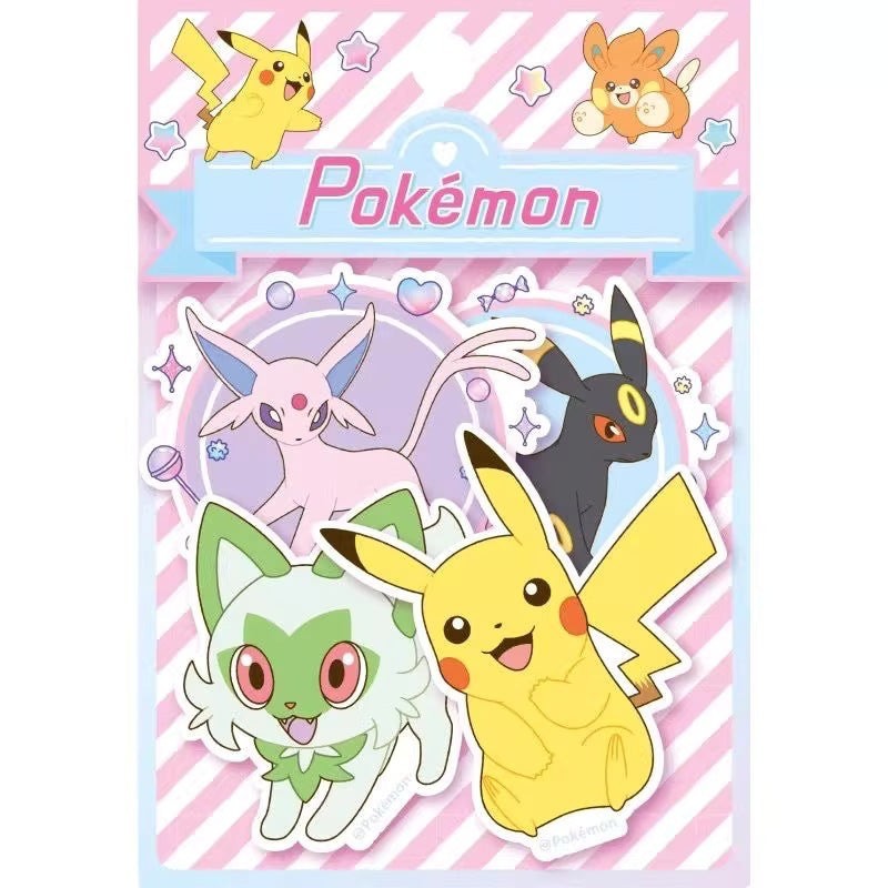 StationeryHaul Pokemon sticker pack featuring Pikachu, Sprigatito, Espeon, and Umbreon on a pink and white striped background.