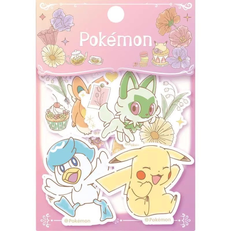 StationeryHaul Pokemon sticker pack featuring Pikachu, Sprigatito, and Quaxly. Includes floral and dessert designs.