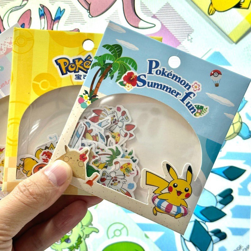 StationeryHaul Pokemon Summer Fun sticker pack featuring Pikachu with a swim ring, palm trees, and beach scenes. Includes various Pokemon characters.