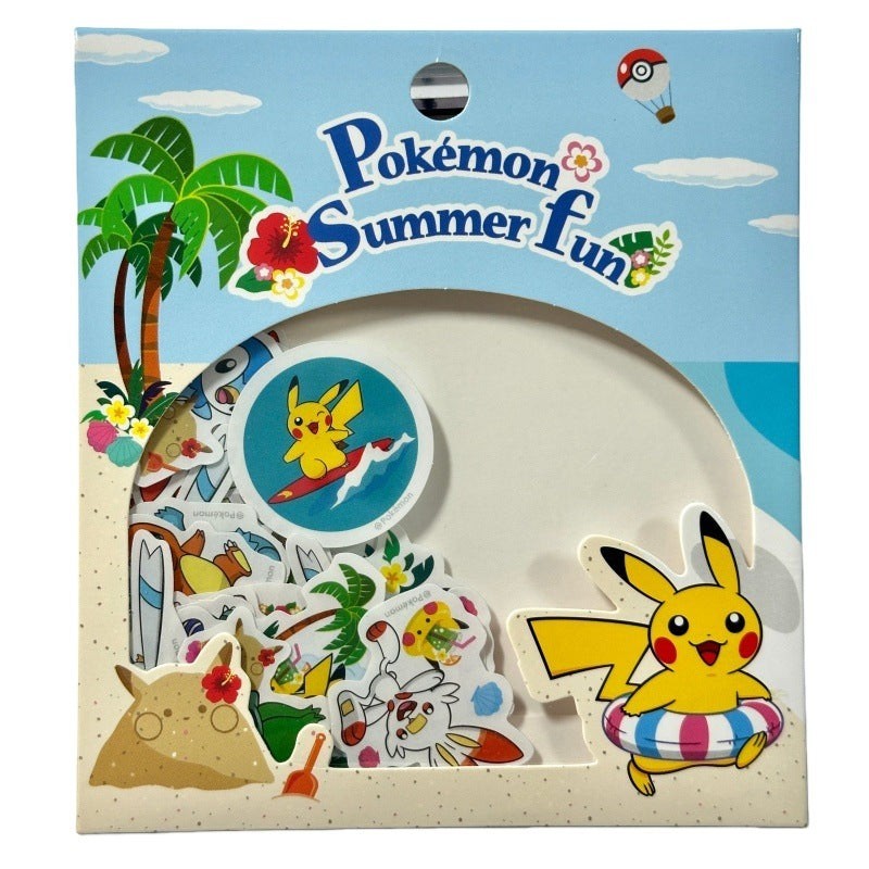 StationeryHaul Pokemon Summer Fun sticker pack featuring Pikachu, Squirtle, and Bulbasaur in beach and surfing scenes.