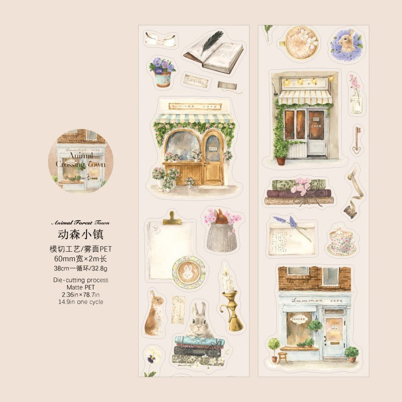 StationeryHaul retro style PET die-cutting tape featuring watercolor illustrations of cafes, rabbits, and books.