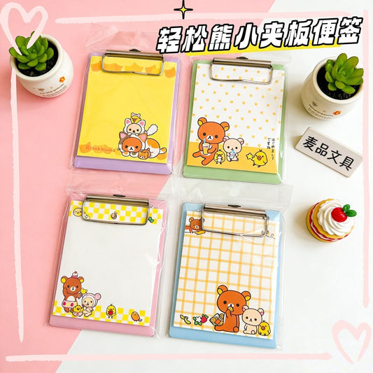 StationeryHaul Rilakkuma bear themed memo pad sets with colorful clipboards and patterned paper for students.