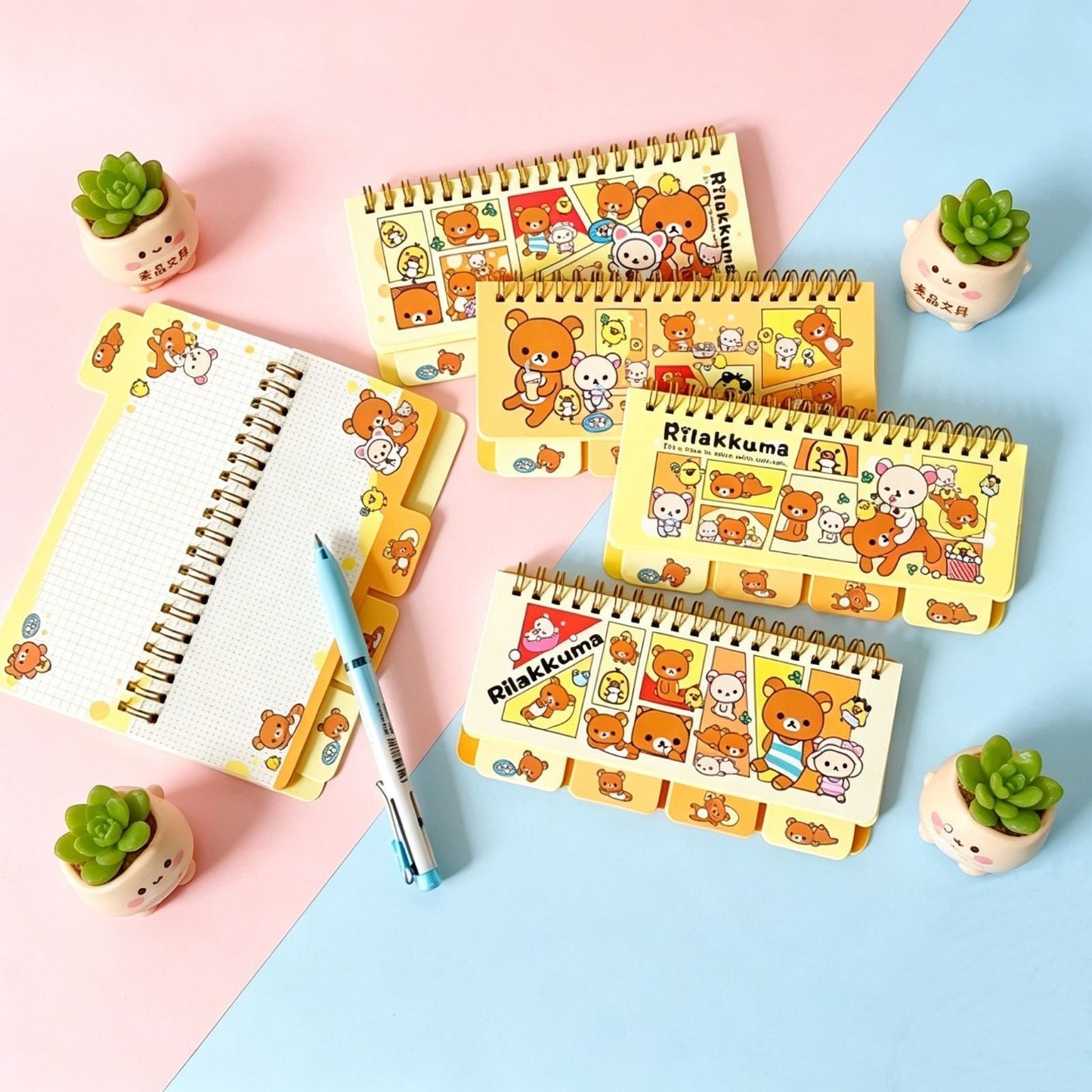 StationeryHaul Rilakkuma coil bound notebook with yellow covers featuring cute cartoon characters and tabbed pages