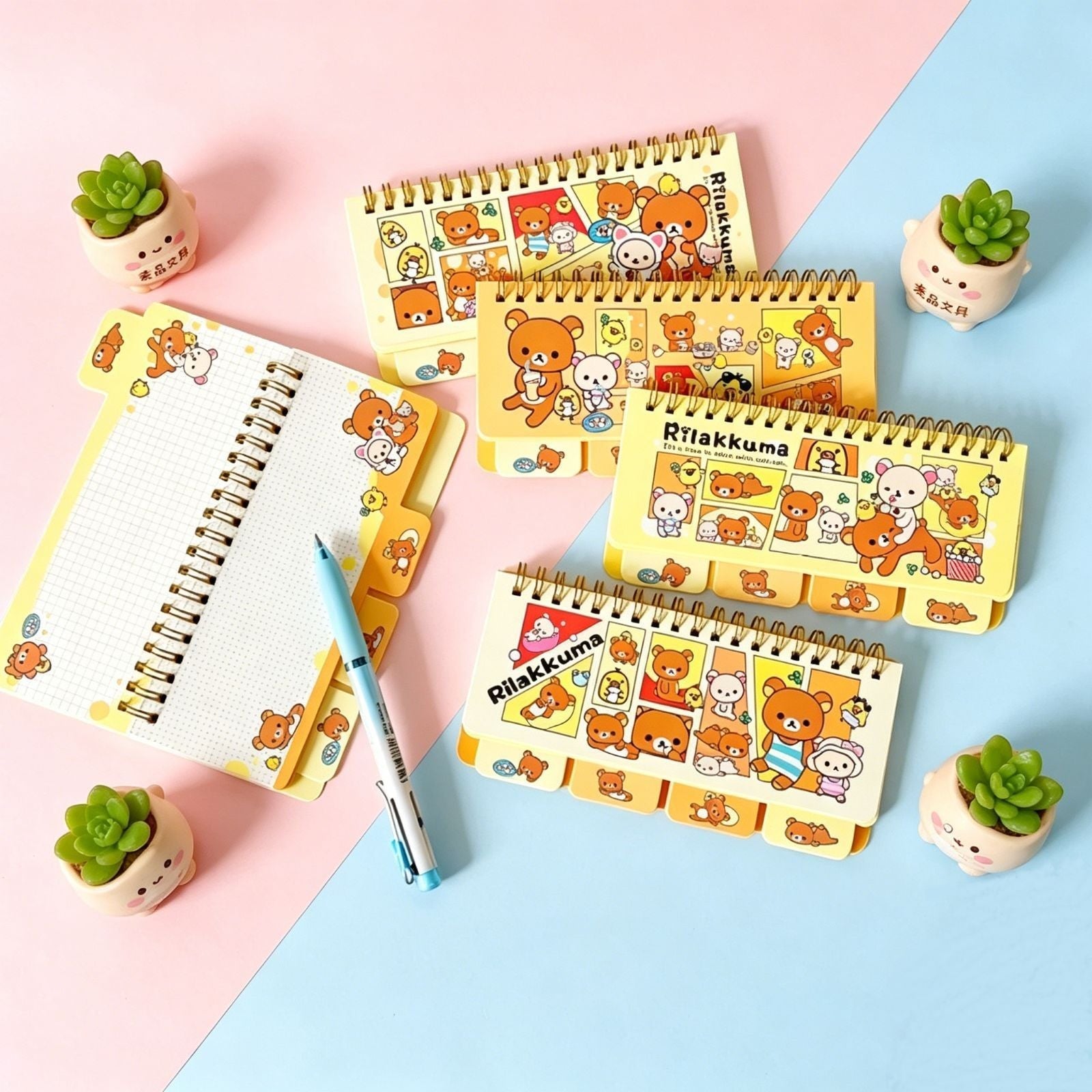StationeryHaul Rilakkuma coil bound notebook with yellow covers featuring cute cartoon characters and tabbed pages