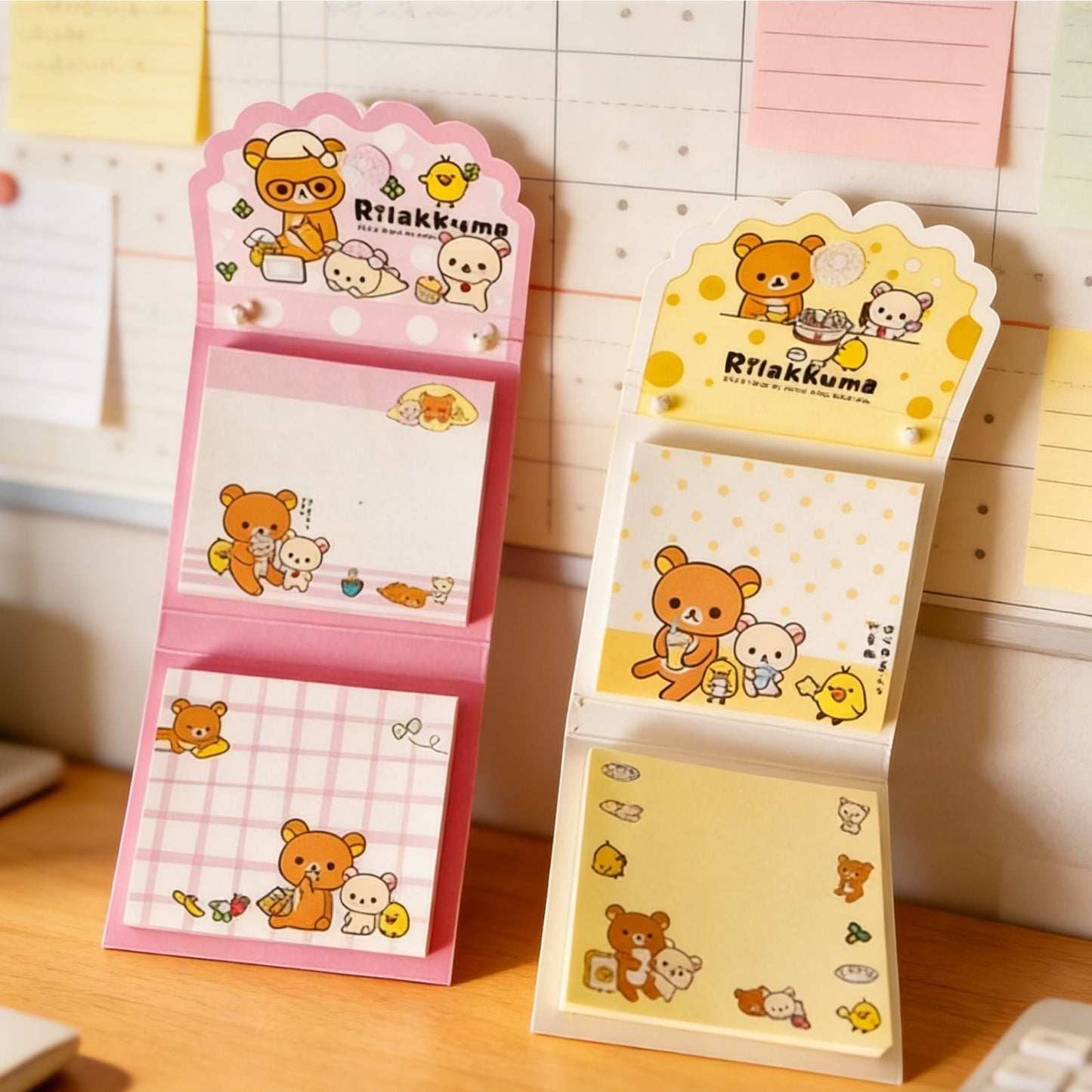 StationeryHaul Rilakkuma folding memo pads with pearl chain detail, featuring cute bear illustrations in pink and yellow