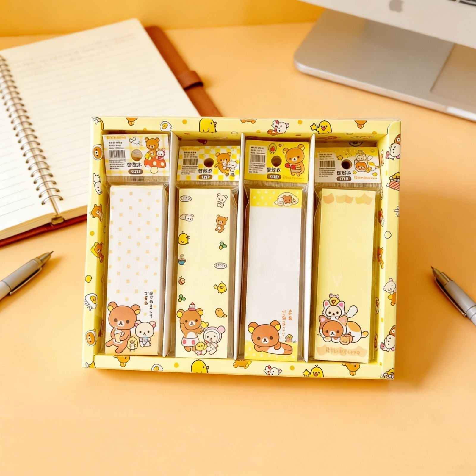 StationeryHaul Rilakkuma themed long memo note pads in a yellow display box with cute bear and chick illustrations