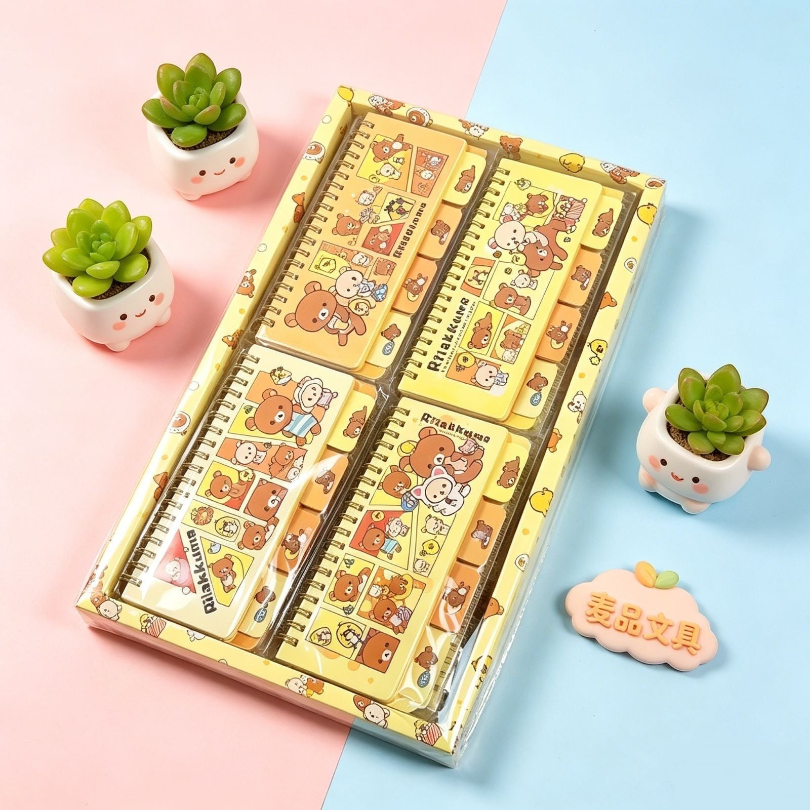 StationeryHaul Rilakkuma themed spiral coil notebooks in a yellow gift box set with cute character illustrations