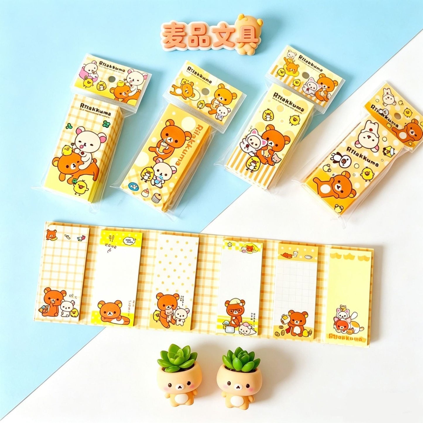 StationeryHaul Rilakkuma themed sticky note sets with yellow grid and character designs on a blue and white background