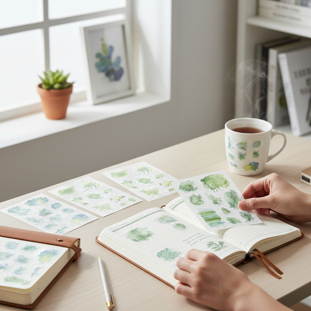 StationeryHaul Romance Watercolor Sticker Set featuring abstract green, pink, and yellow watercolor splashes on PET material.