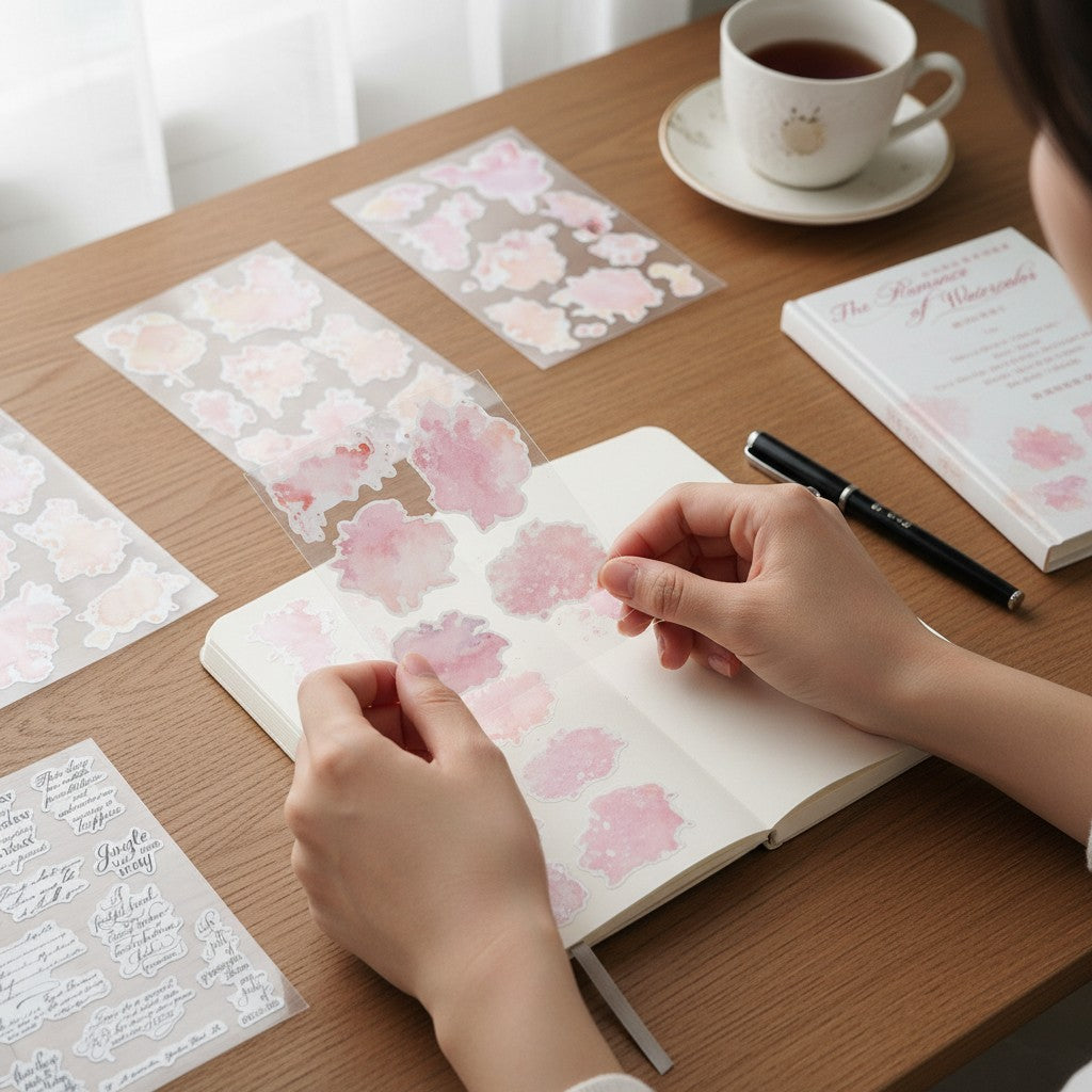 StationeryHaul Romance Watercolor Sticker Set features pink, yellow, and green abstract watercolor splashes on PET material.