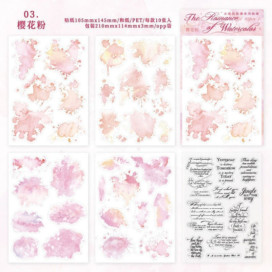 StationeryHaul Romance Watercolor Sticker Set with pink, yellow, and green abstract watercolor splashes and designs on PET material.